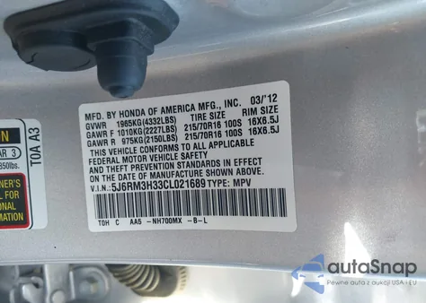 2012 Honda Cr-V Lx из США, поврежденный, VIN 5J6RM3H33CL021689